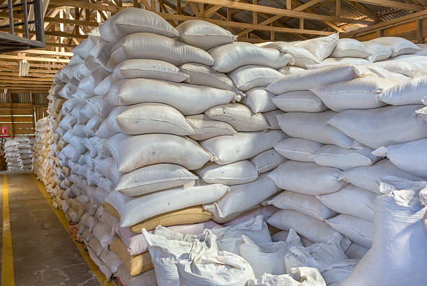 stack of white bags at warehouse